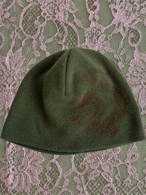 Men's Olive Green Knit Beanie with Orange Dragon Stud Detail